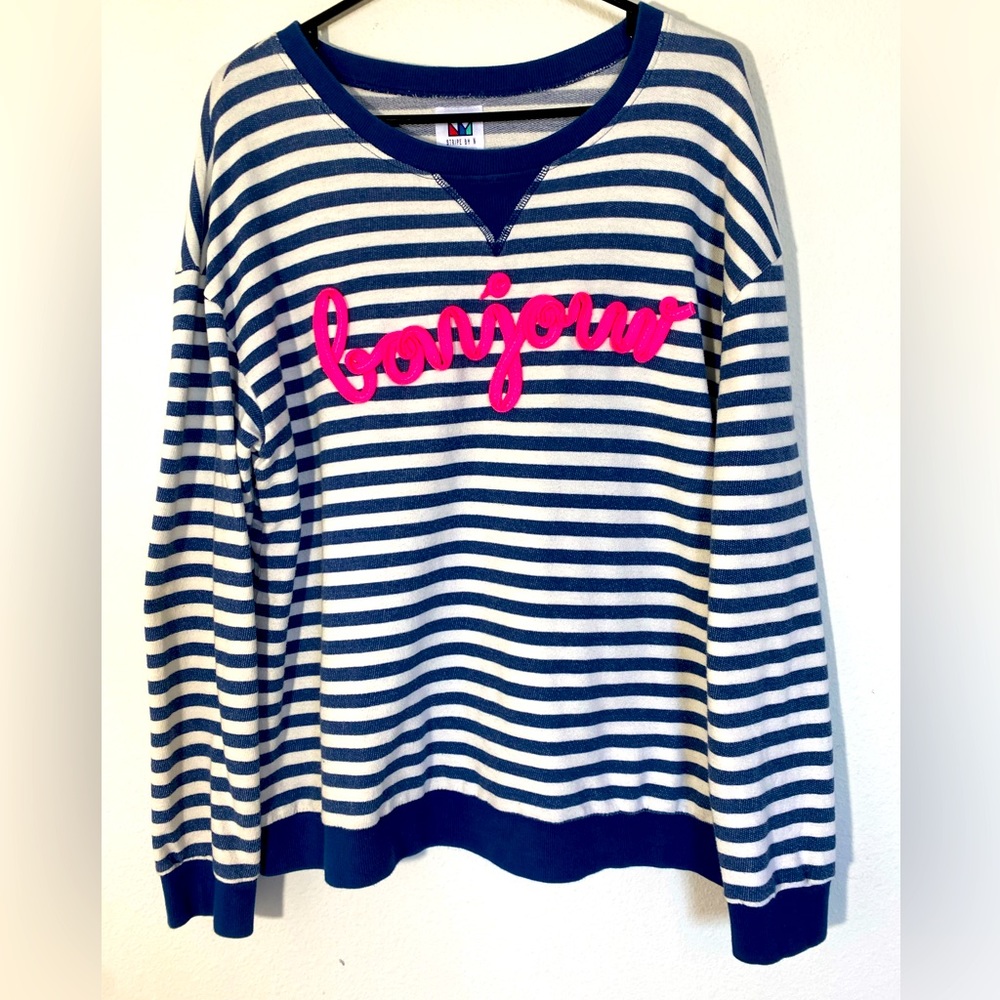Bonjour Striped Sweatshirt Embroidered Pullover Top y2k